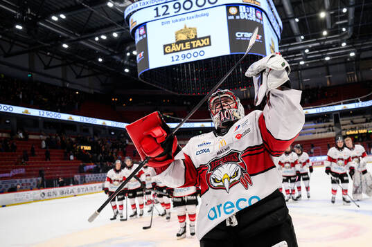 Malmö Redhawks målvakt Oskar Blomgren jublar