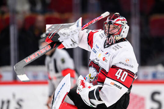 Malmö Redhawks målvakt Oskar Blomgren jublar
