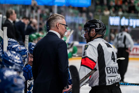 Leksands tränare Johan Hedberg i samtal med domaren