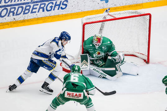 Leksands Lukas Vejdemo och Rögles målvakt Arvid Holm