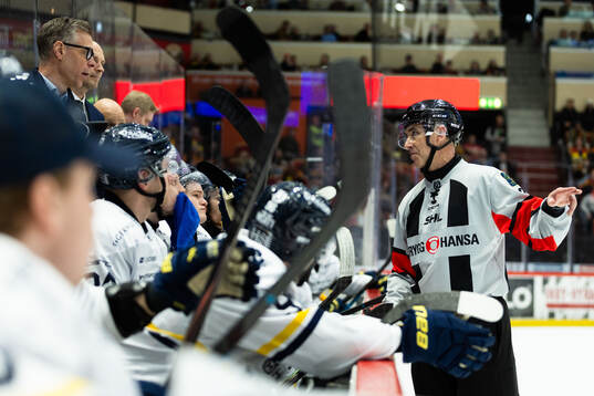 Domare Linus Öhlund pratar med HV71s tränare