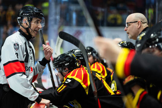 Domare Linus Öhlund pratar med Brynäs tränare Niklas