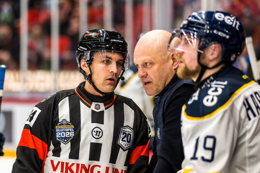 Domare Niclas Lundsgaard och Södertäljes tränare Andreas