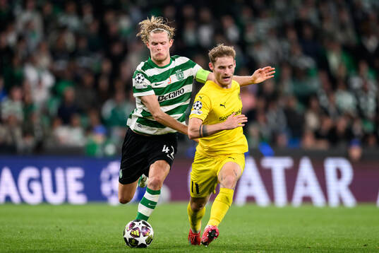 Morten Hjulmand of Sporting and Ole Didrik Blomberg of