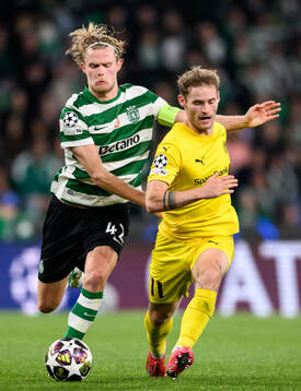 Morten Hjulmand of Sporting and Ole Didrik Blomberg of
