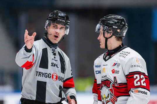 Domare Richard Magnusson och Malmö Redhawks Janne Kuokkanen