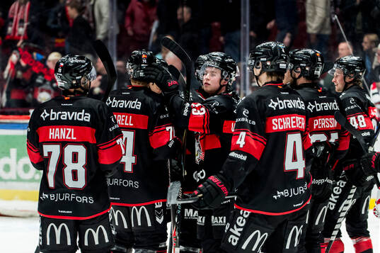 Malmö Redhawks Petter Vesterheim jublar med lagkamraterna