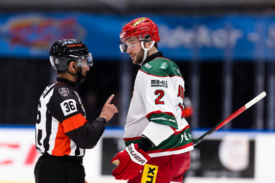 Domare Fredrik Rönnberg diskuterar med Modos David Rundblad
