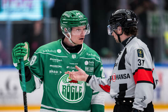 Rögles Anton Bengtsson i samtal med domaren