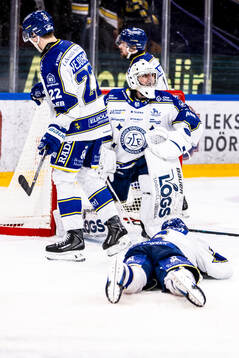 Leksands Lukas Vejdemo och målvakt Filip Larsson deppar