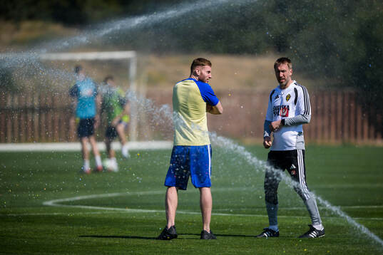 Injured player Dejan Kulusevski and head coach Graham