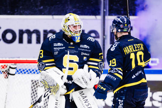 Södertäljes målvakt Love Härenstam och Hampus Harlestam