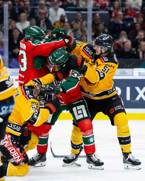 Frölundas Tom Nilsson och Noah Hasa i fight med Luleås