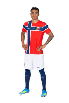 Antonio Nusa of the Norwegian national football team poses