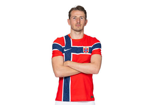 Sander Berge of the Norwegian national football team poses
