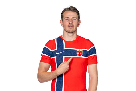 Sander Berge of the Norwegian national football team poses