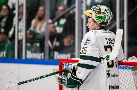 Färjestads målvakt Melker Thelin deppar