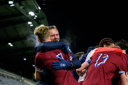 Head coach Jan Peder Jalland of Norway celebrates the 3-2