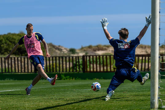 Gustaf Nilsson and goalkeeper Melker Ellborg of the Swedish