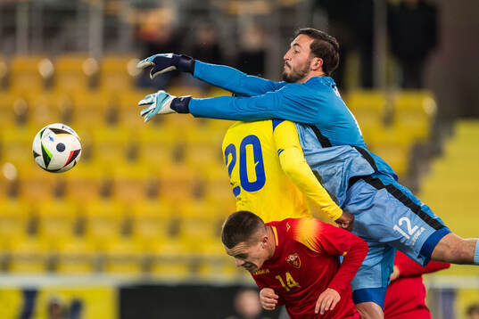Richie Omorowa of Sweden and Velimir Ljutica and Goalkeeper