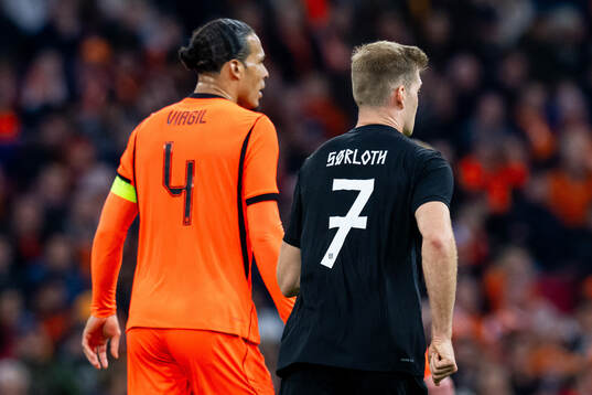Virgil van Dijk of Netherlands and Alexander Sørloth of