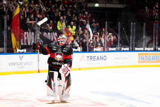Malmö Redhawks målvakt Marek Langhamer jublar