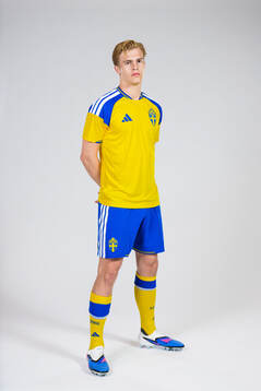 Lucas Bergvall of the Swedish national football team poses