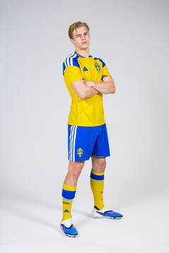 Lucas Bergvall of the Swedish national football team poses
