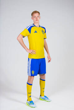 Hugo Larsson of the Swedish national football team poses