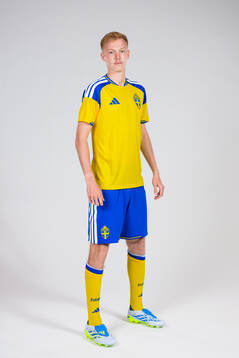 Hugo Larsson of the Swedish national football team poses