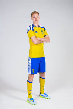 Hugo Larsson of the Swedish national football team poses