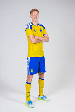 Hugo Larsson of the Swedish national football team poses