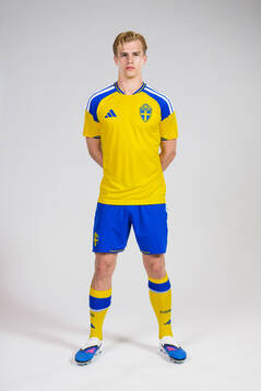 Lucas Bergvall of the Swedish national football team poses