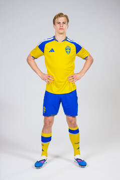 Lucas Bergvall of the Swedish national football team poses