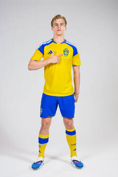 Lucas Bergvall of the Swedish national football team poses