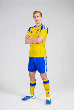 Lucas Bergvall of the Swedish national football team poses