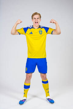 Lucas Bergvall of the Swedish national football team poses