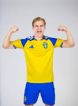 Lucas Bergvall of the Swedish national football team poses