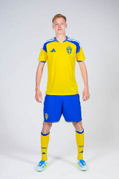 Hugo Larsson of the Swedish national football team poses
