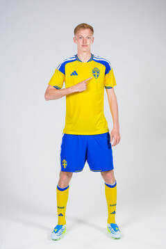Hugo Larsson of the Swedish national football team poses