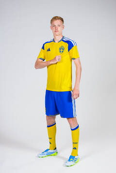 Hugo Larsson of the Swedish national football team poses