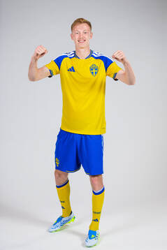 Hugo Larsson of the Swedish national football team poses