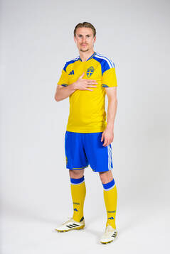 Carl Starfelt of the Swedish national football team poses