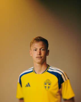 Hugo Larsson of the Swedish national football team poses
