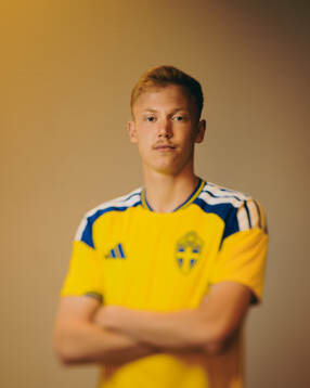 Hugo Larsson of the Swedish national football team poses