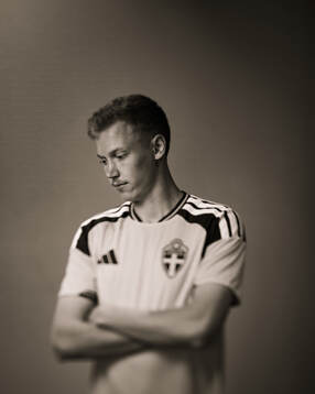 Hugo Larsson of the Swedish national football team poses