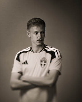 Hugo Larsson of the Swedish national football team poses