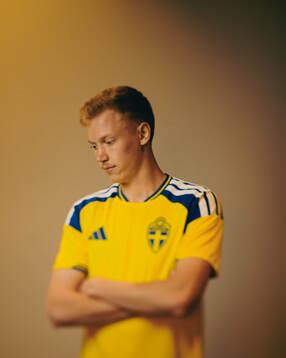 Hugo Larsson of the Swedish national football team poses