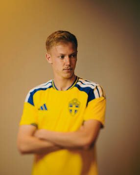 Hugo Larsson of the Swedish national football team poses