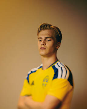 Lucas Bergvall of the Swedish national football team poses